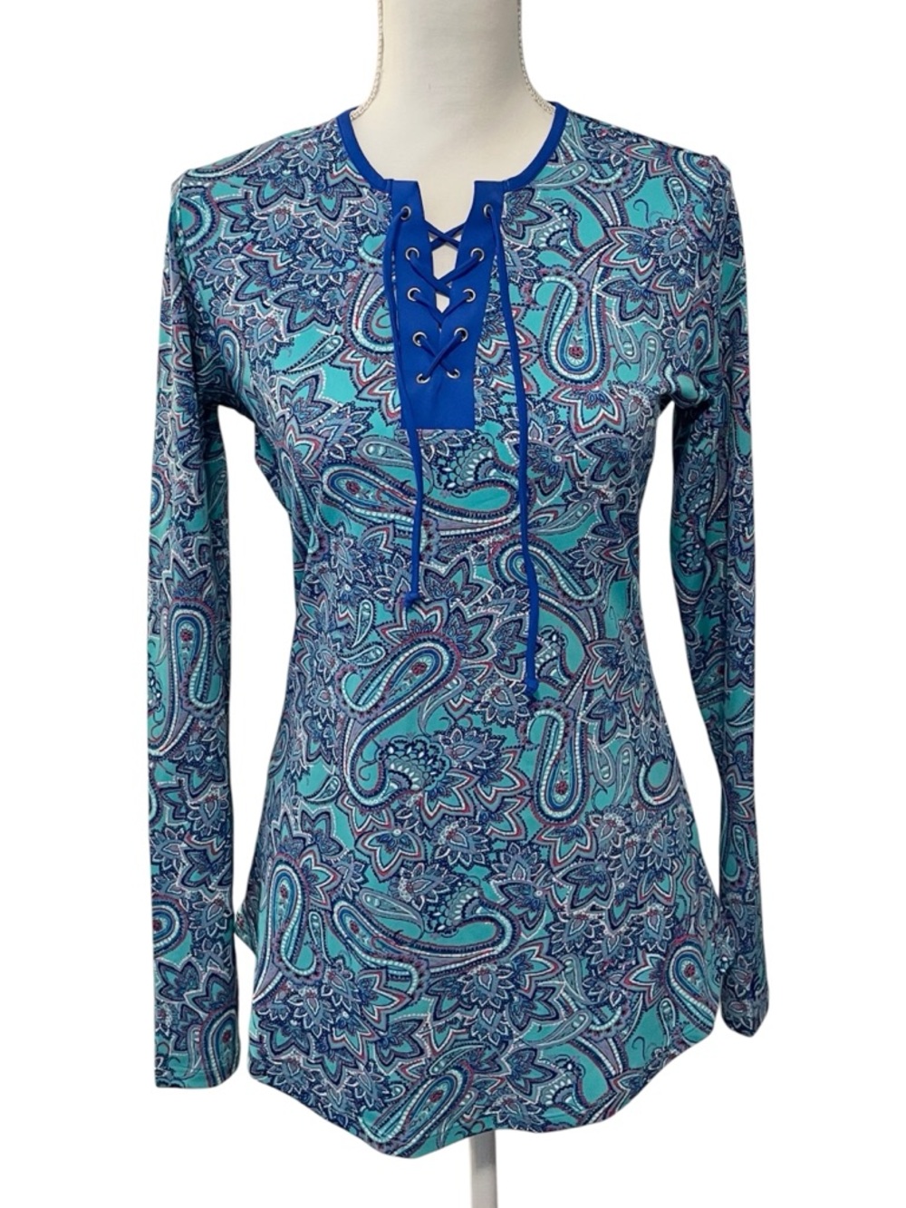 Coolibar UV 50+ Sun Protection Coverup Top in Blue Paisley. Lace Up Neck. Sz S